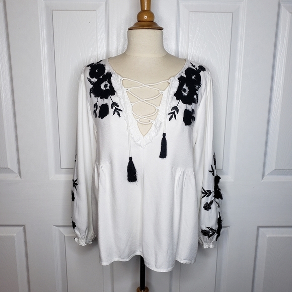 Zara Top M Contrast Embroidery Babydoll Boho Lace Front Bohemian Cottagecore - Picture 13 of 13